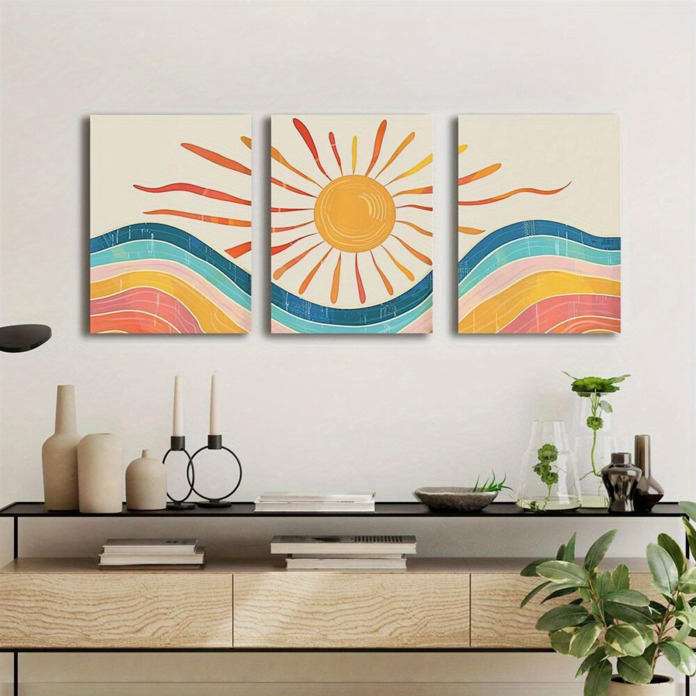 3pcs Century Abstract Landscape Canvas Art – Bohemian Sun Trio Wall Decoration - Image 5