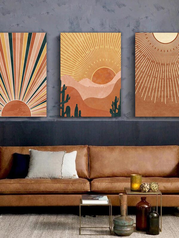 3-Piece Bohemian Desert Sun Canvas – Orange Landscape Wall Art with Wooden Frame