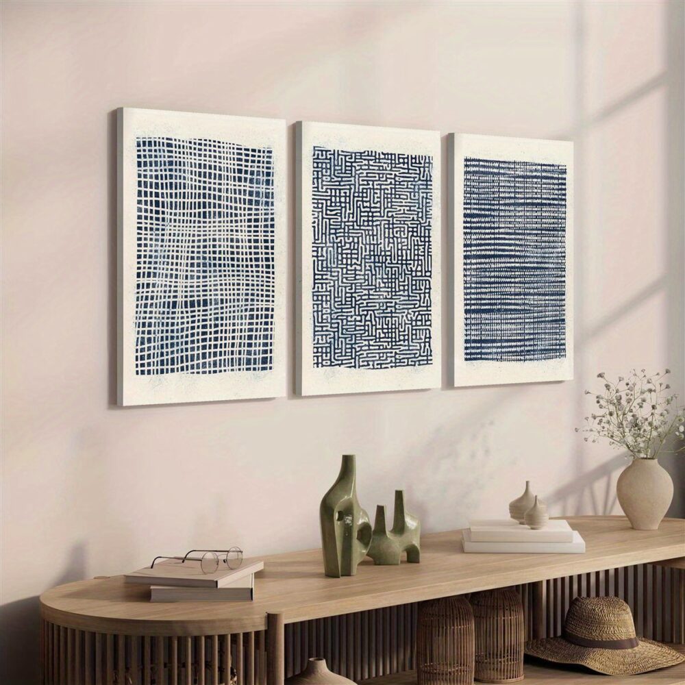3pcs Navy Blue & White Geometric Canvas Wall Art – Bohemian Style Wrapped Set