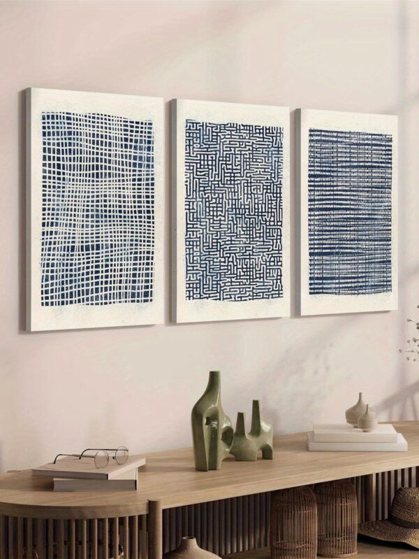 3pcs Navy Blue & White Geometric Canvas Wall Art – Bohemian Style Wrapped Set