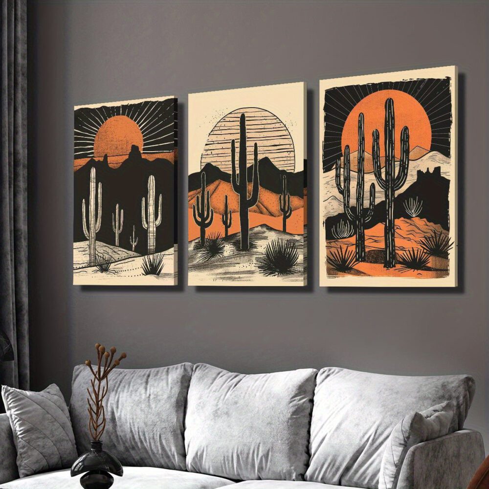 3-Piece Sunset Desert Cactus Canvas Wall Art – Classic Modern Landscape Prints with Pine Frame