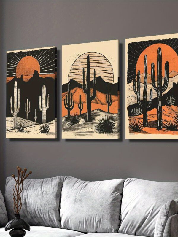 3-Piece Sunset Desert Cactus Canvas Wall Art – Classic Modern Landscape Prints with Pine Frame