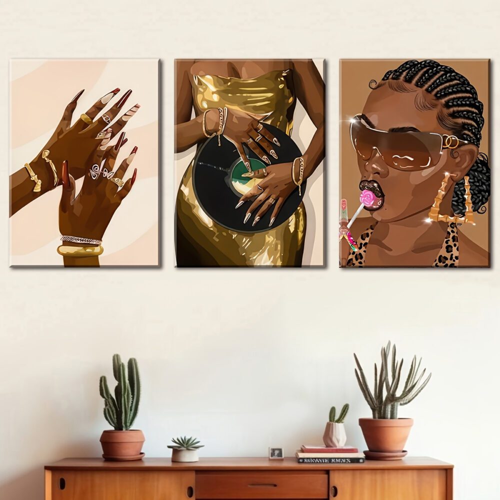 3-Piece Wrapped Canvas Set – Black Feminine Luxury Fashion Wall Art - Image 4