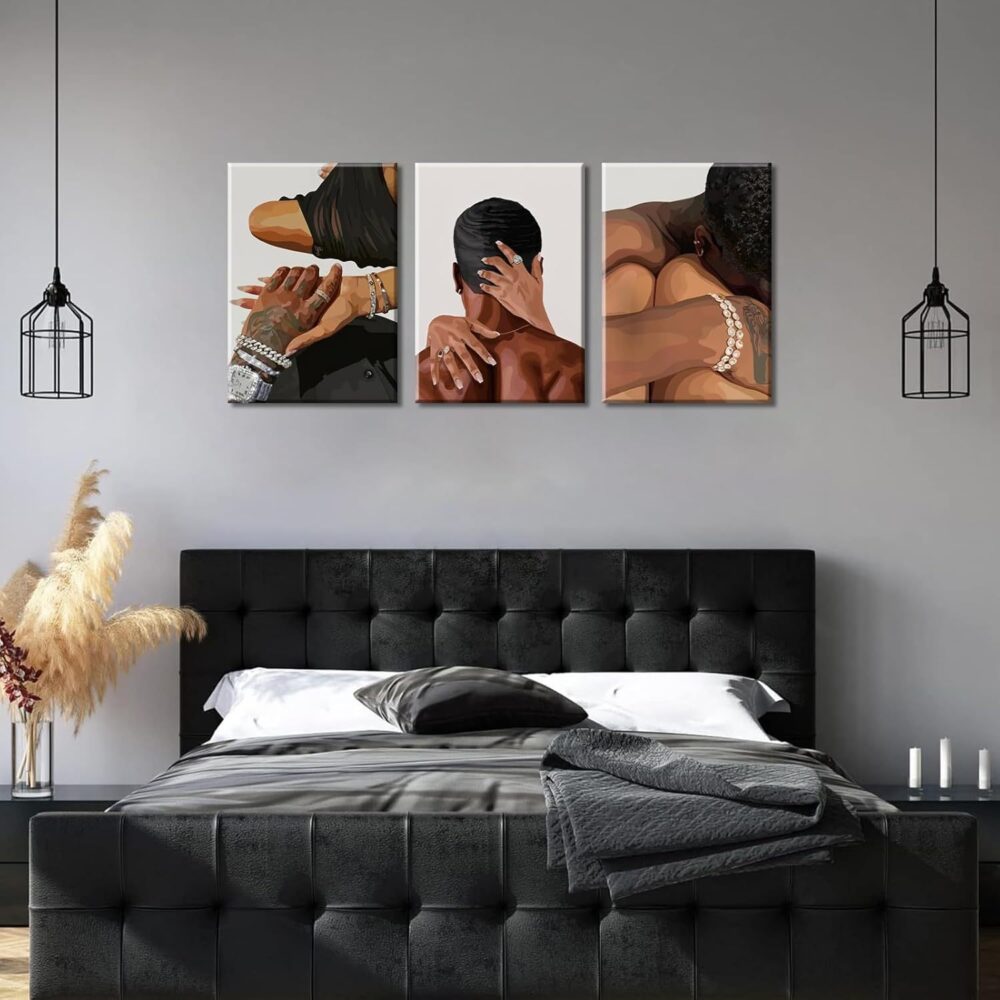 3-Piece Framed Black Couple Oil Painting – African American Love Canvas Wall Art - Image 4