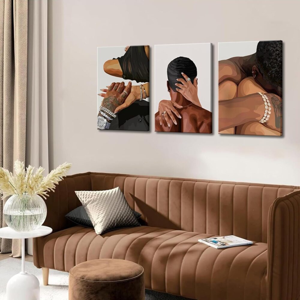 3-Piece Framed Black Couple Oil Painting – African American Love Canvas Wall Art - Image 2