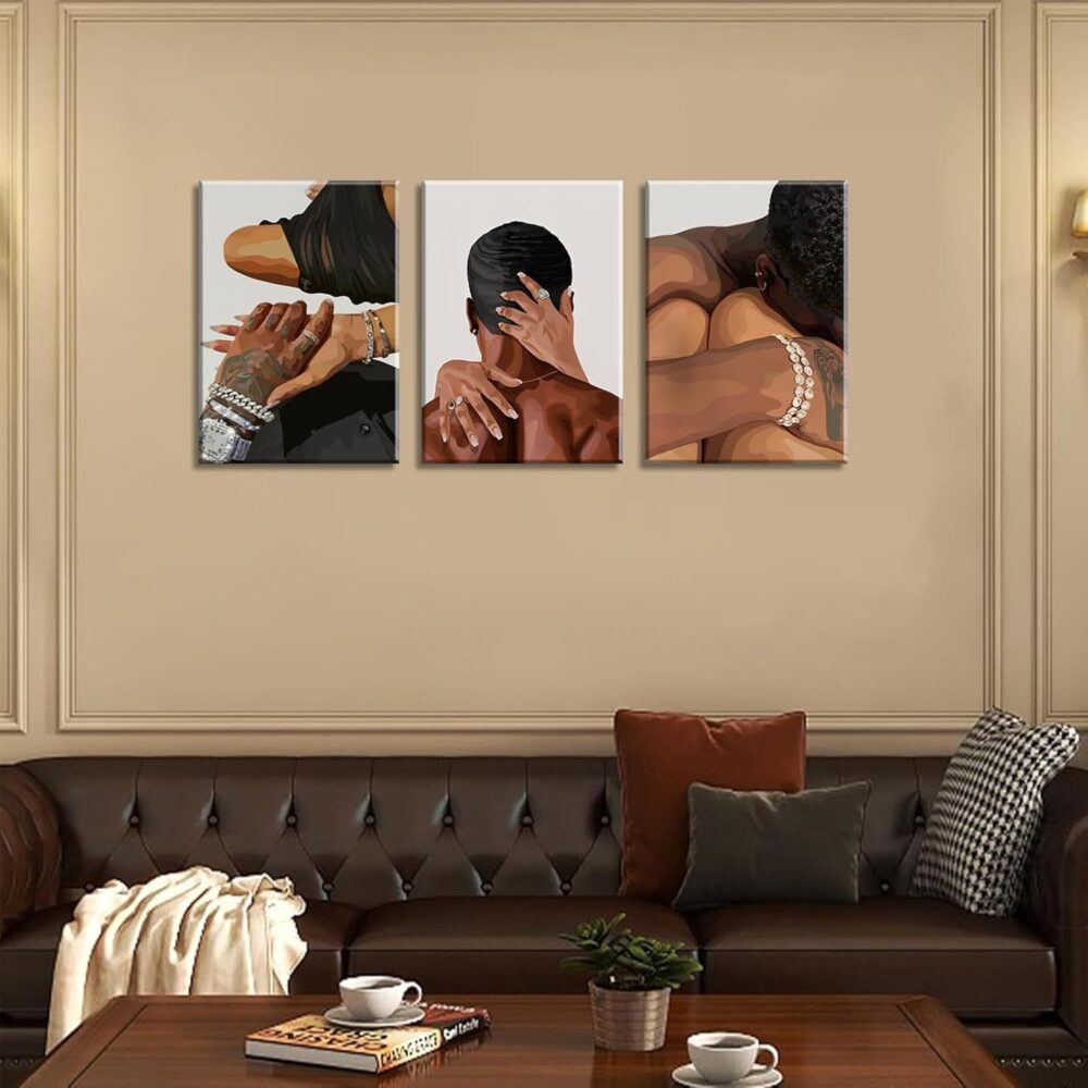 3-Piece Framed Black Couple Oil Painting – African American Love Canvas Wall Art - Image 3