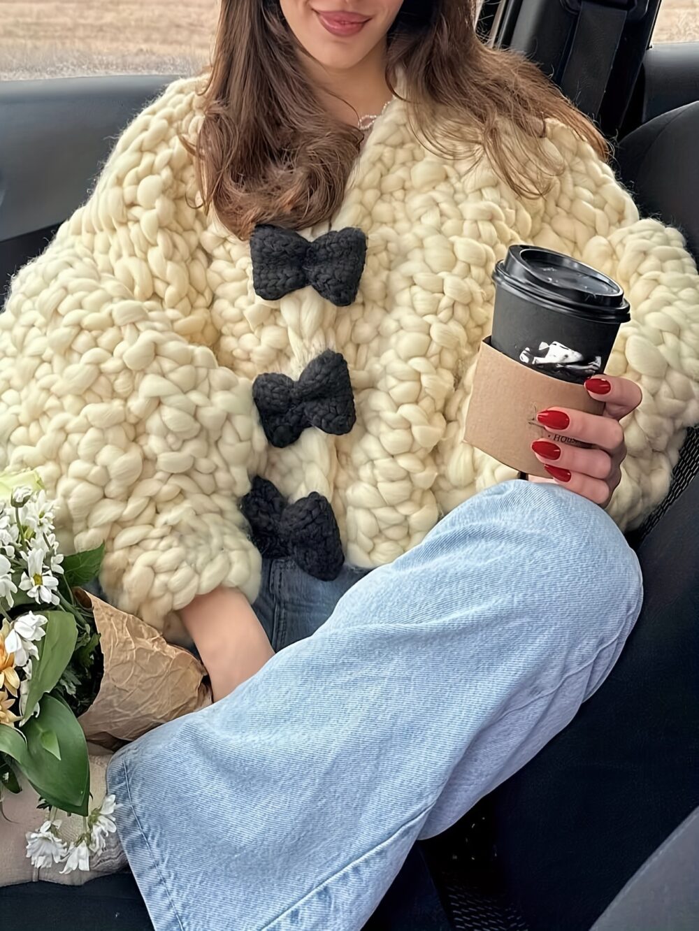 Hand-Hooked Geometric Layered Jacket – Chic Bow Detail Coat 🎀🌀 - Image 2