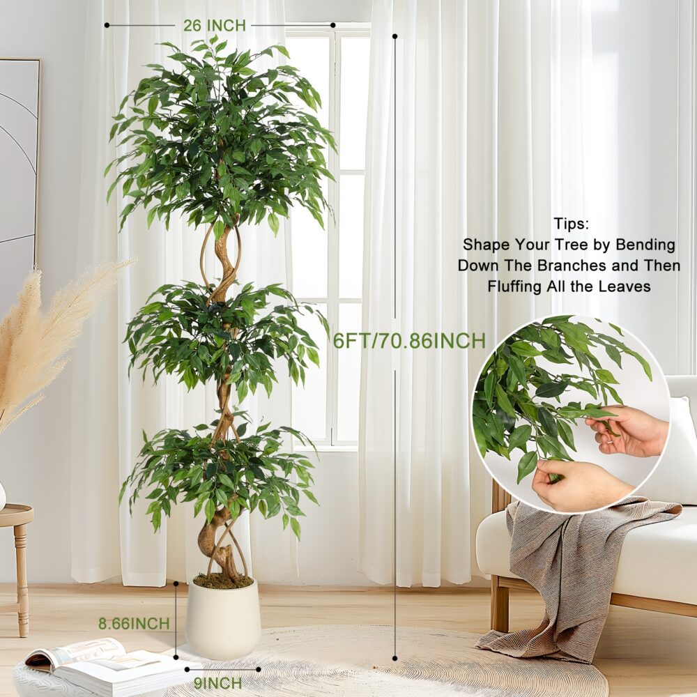 4/5/6FT Artificial Ficus Tree – Tall Faux Plant with White Planter - Image 3