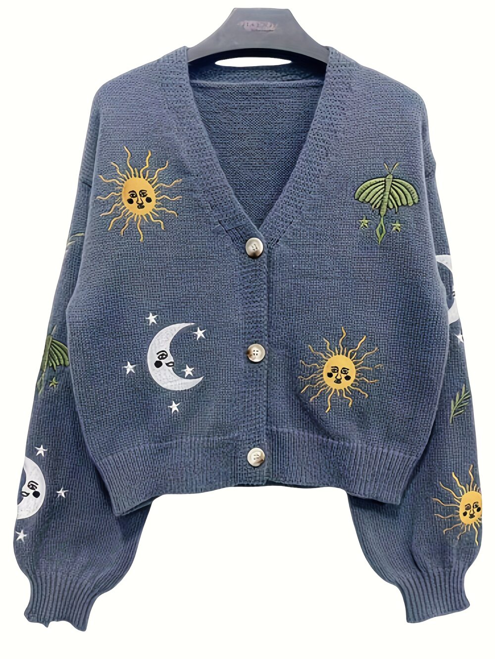 Sun & Moon Crop Knitted Cardigan – Chic Button Front Lantern Sleeve 🌞🌙 - Image 2