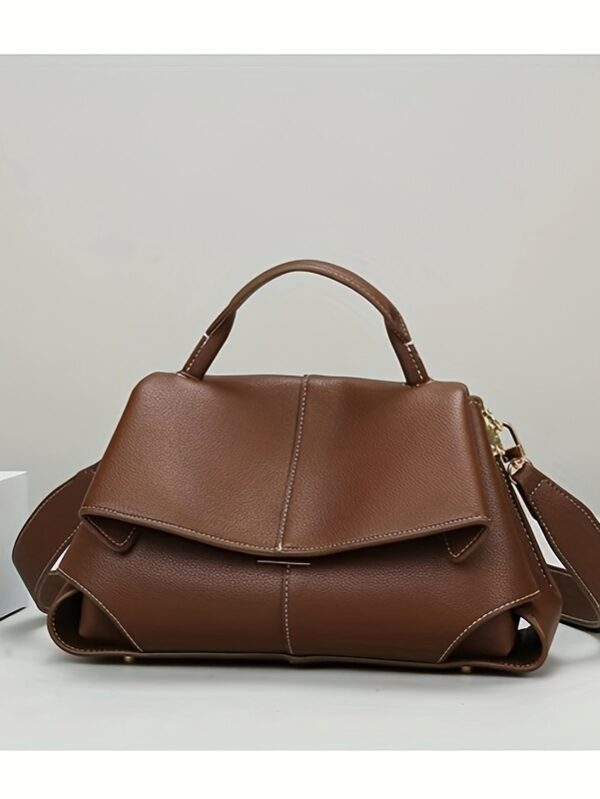 Genuine Leather Single Shoulder Handbag with Detachable Strap Elegance - Brown