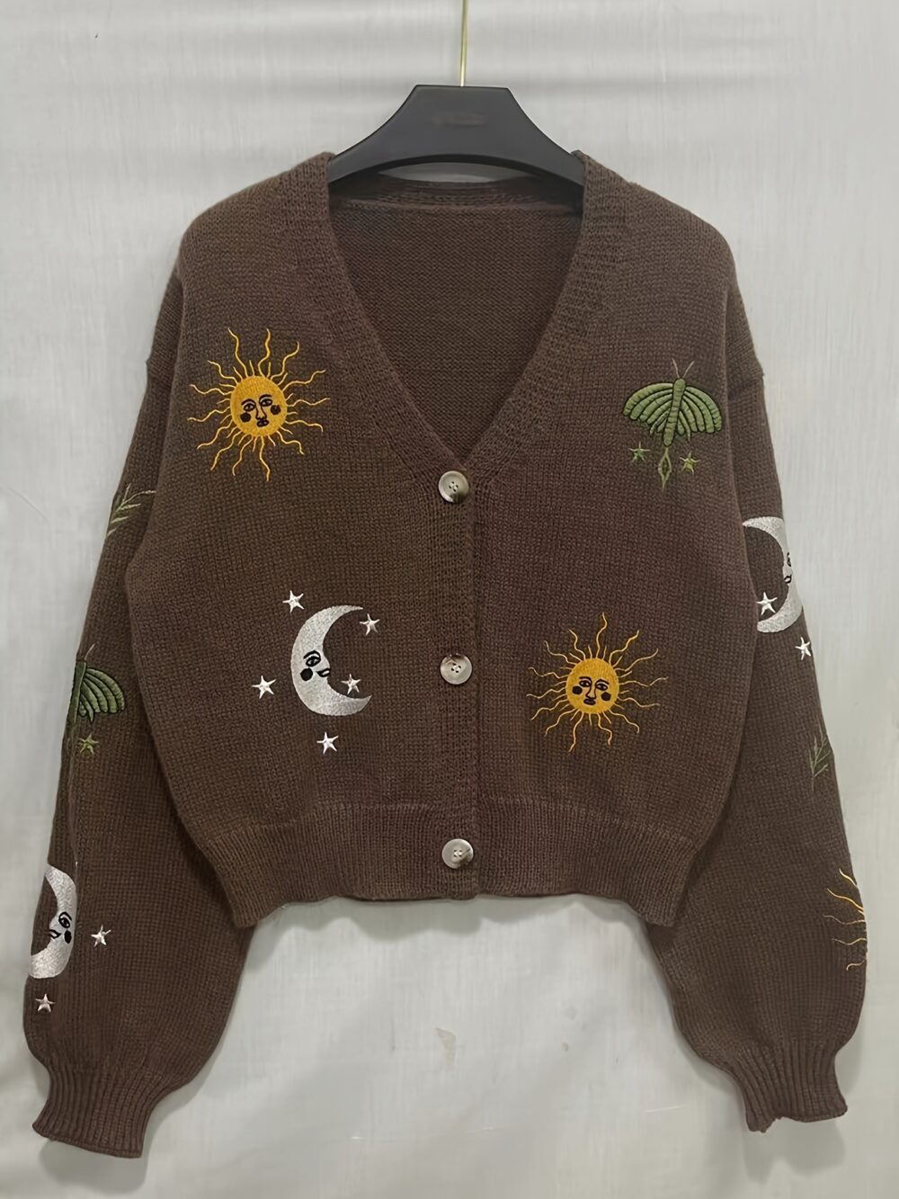 Sun & Moon Crop Knitted Cardigan – Chic Button Front Lantern Sleeve 🌞🌙 - Image 4