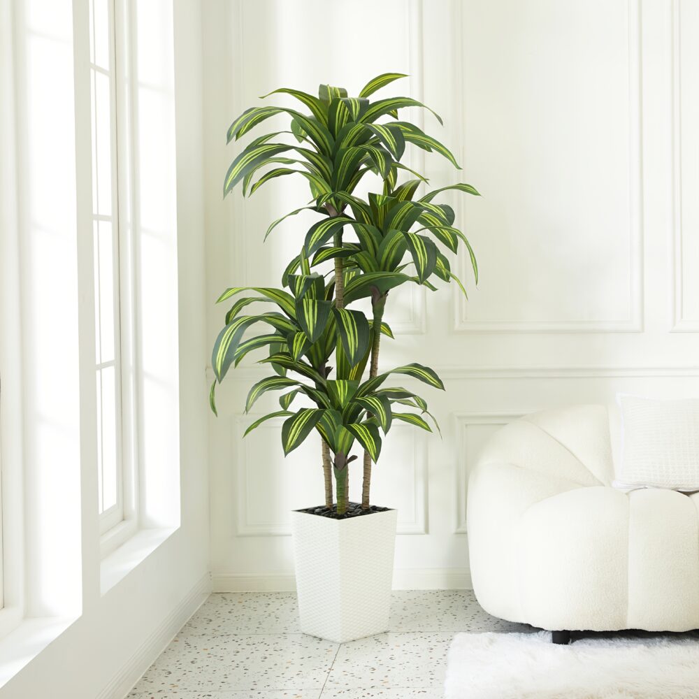 5FT/6FT UV-Resistant Artificial Dracaena Tree – Realistic Faux Plant with Planter & Decorative Rocks