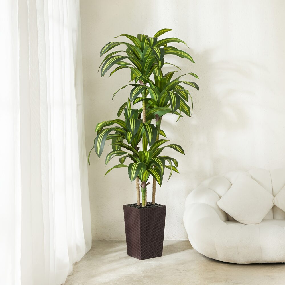 5FT/6FT UV-Resistant Artificial Dracaena Tree – Realistic Faux Plant with Planter & Decorative Rocks - Image 4