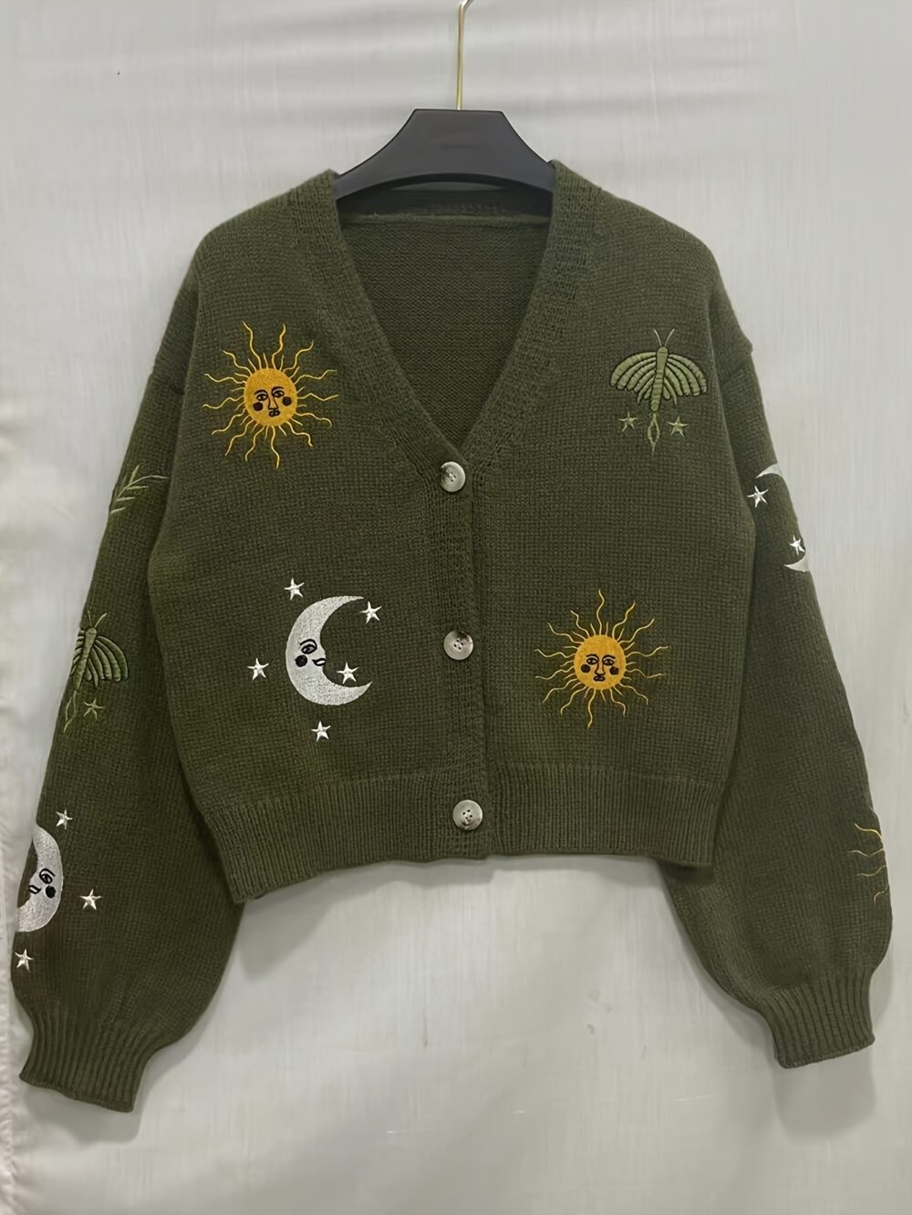 Sun & Moon Crop Knitted Cardigan – Chic Button Front Lantern Sleeve 🌞🌙 - Image 5