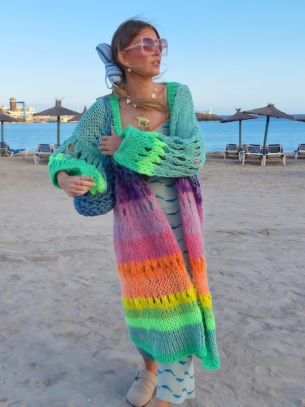 Colorful Boho Gradient Coat – Retro Ribbon Cardigan Cover-Up 🧥🌈
