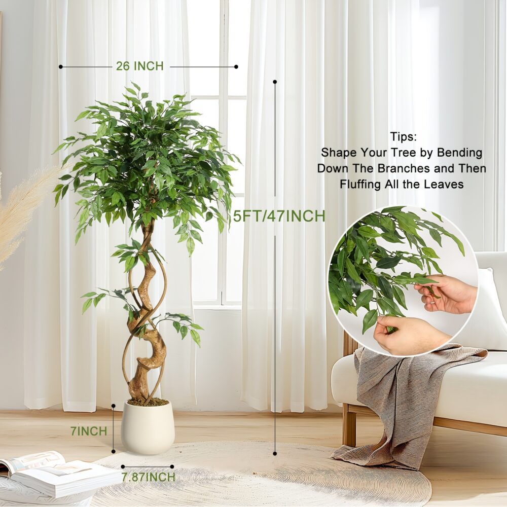 4/5/6FT Artificial Ficus Tree – Tall Faux Plant with White Planter - Image 10