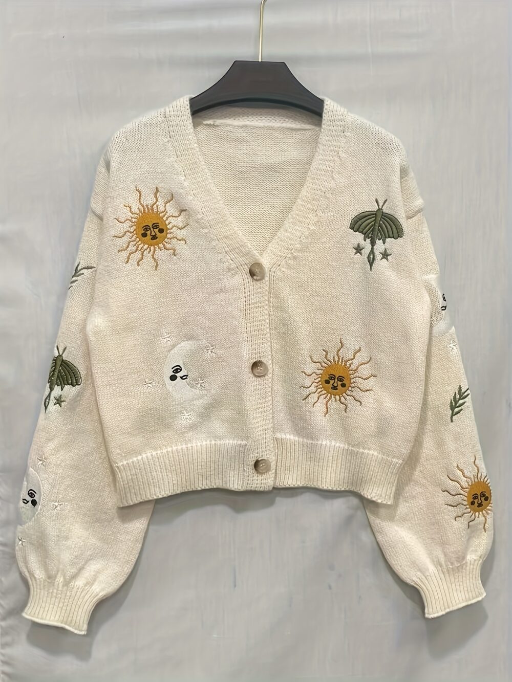 Sun & Moon Crop Knitted Cardigan – Chic Button Front Lantern Sleeve 🌞🌙 - Image 7