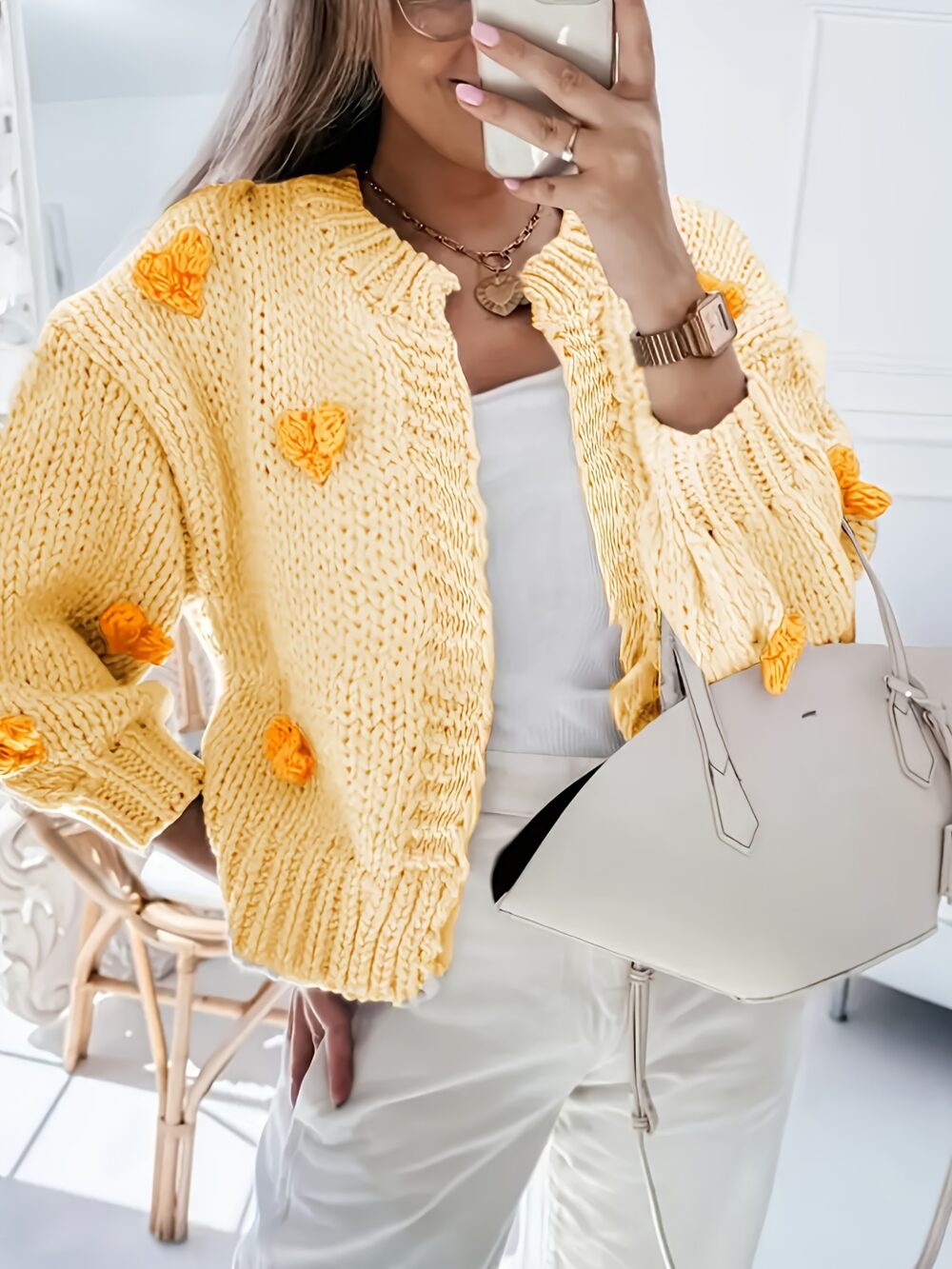Ivory Yellow Floral Shawl Cardigan – Open-Front Fall/Winter Wrap 🍂🌼 - Image 3