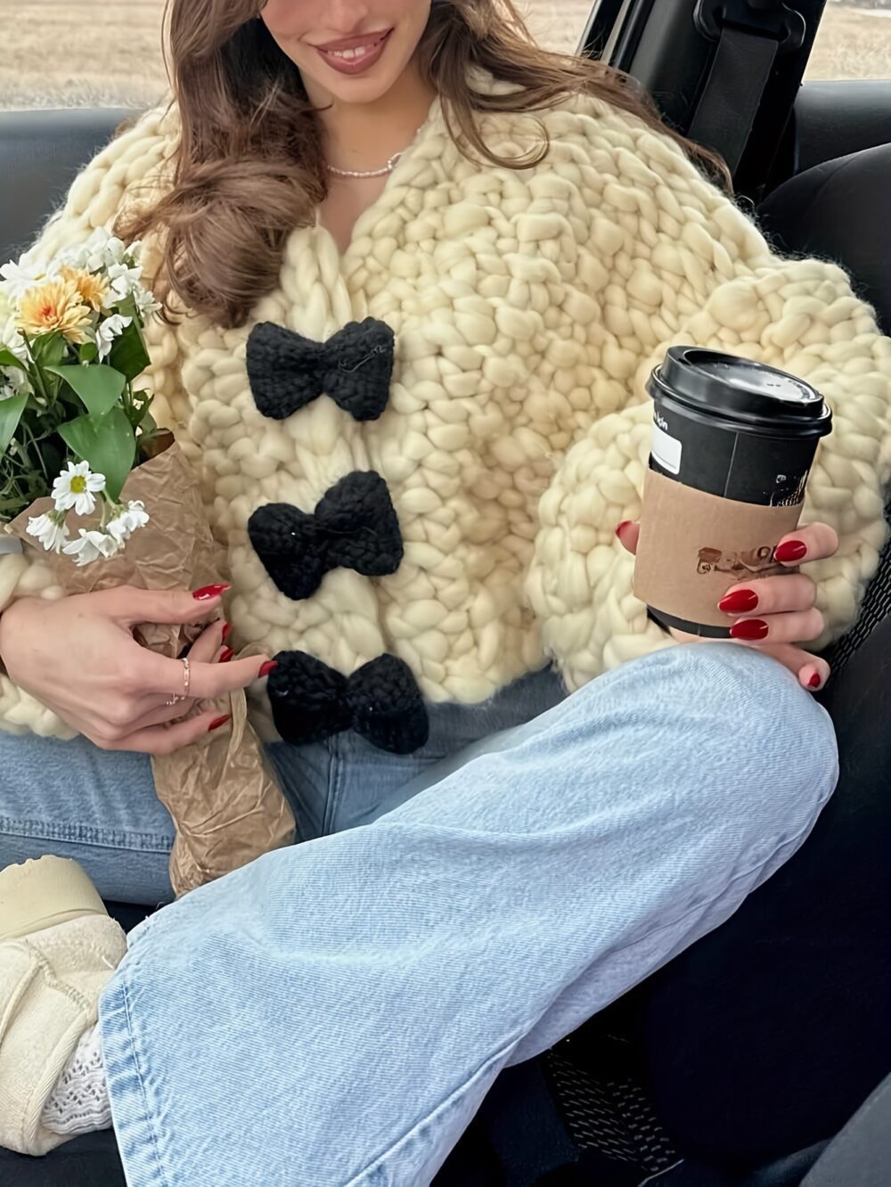 Hand-Hooked Geometric Layered Jacket – Chic Bow Detail Coat 🎀🌀