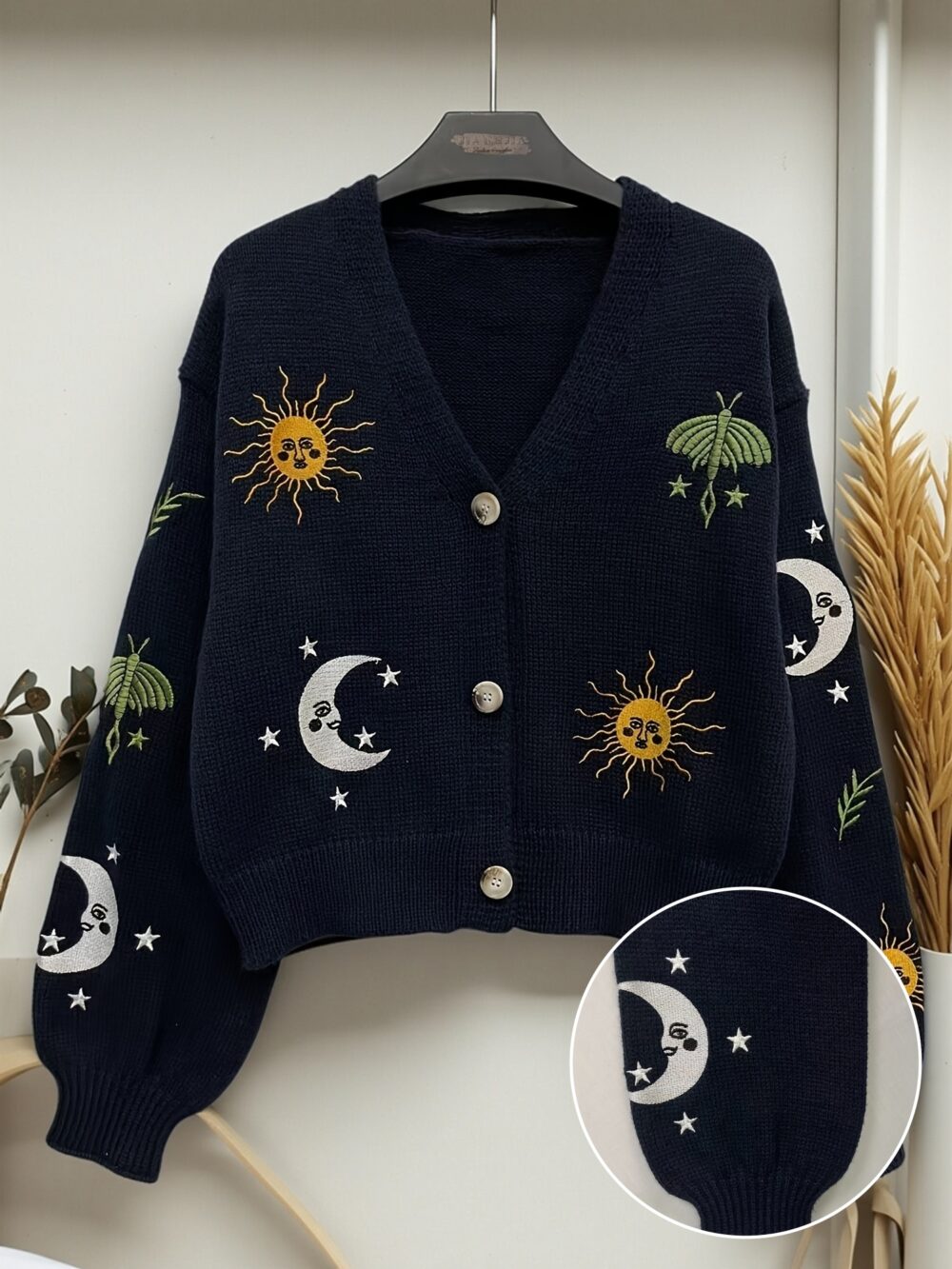Sun & Moon Crop Knitted Cardigan – Chic Button Front Lantern Sleeve 🌞🌙
