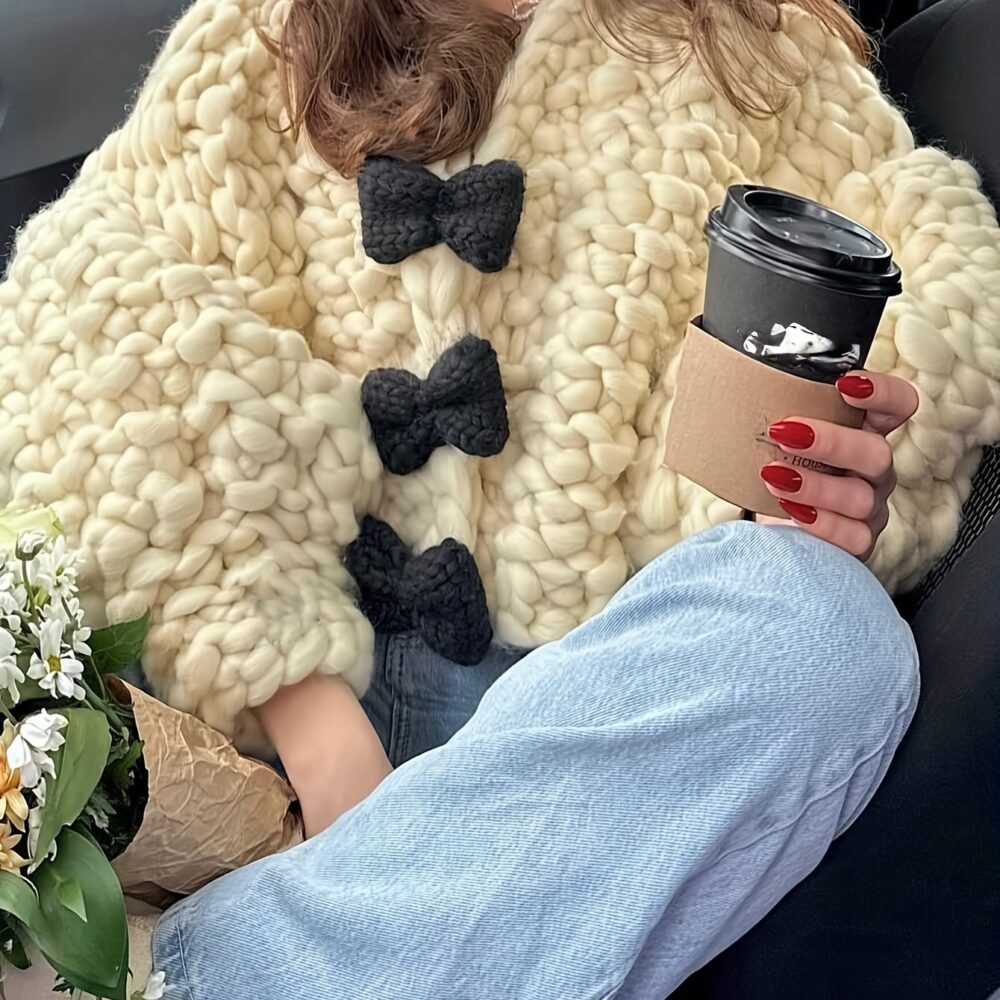 Hand-Hooked Geometric Layered Jacket – Chic Bow Detail Coat 🎀🌀 - Image 6
