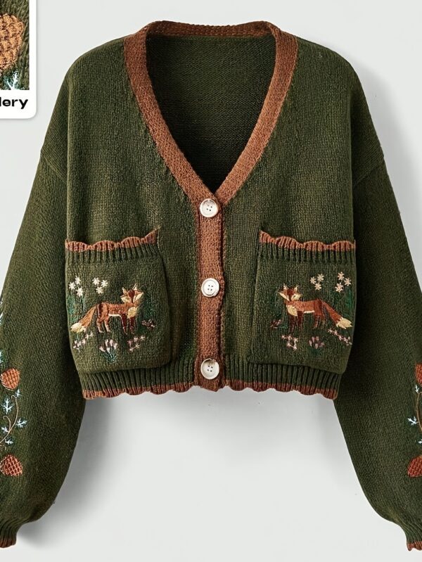 Elegant Plus Size V-Neck Cardigan – Floral & Animal Embroidery 🌿 - 1XL